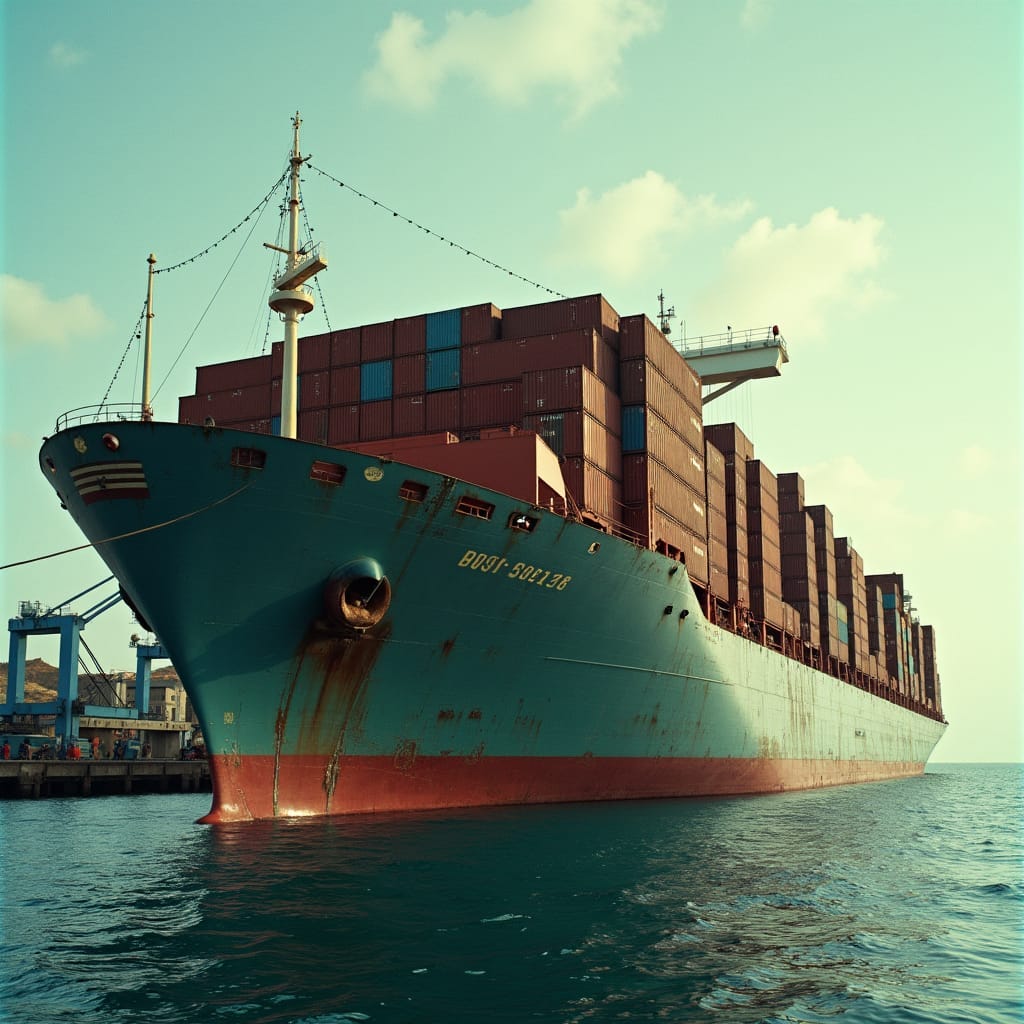 A majestic cargo ship, its rugged hull weathered from countless voyages, arrives at the Jamaican port, its cargo holds overflowing with rows of rusty shipping containers stacked haphazardly, as if the very sea itself had bestowed upon the vessel a treasure trove of industrial riches.