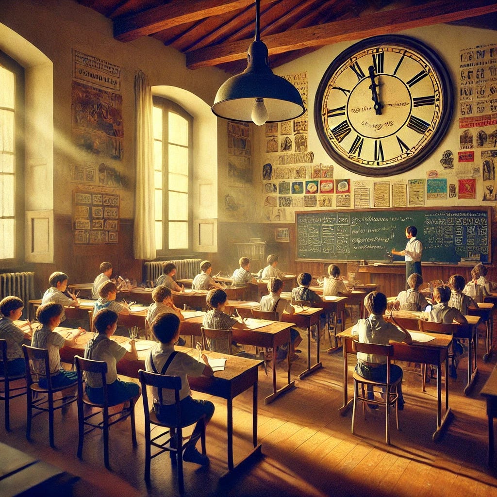 Un'immagine nostalgica che rappresenta 'i tempi della scuola'. Un'aula scolastica luminosa con banchi di legno, lavagna con scritte di gesso e zaini colorati sparsi. Bambini e ragazzi sorridenti che chiacchierano, leggono e scrivono. Sullo sfondo, un orologio da parete che segna l'orario di fine lezione e un sole che illumina la scena attraverso la finestra. Atmosfera calda e accogliente, con toni vivaci e dettagli realistici. Un'immagine nostalgica che rappresenta 'i tempi della scuola'. Un'aula scolastica luminosa con banchi di legno, lavagna con scritte di gesso e zaini colorati sparsi. Bambini e ragazzi sorridenti che chiacchierano, leggono e scrivono. Sullo sfondo, un orologio da parete che segna l'orario di fine lezione e un sole che illumina la scena attraverso la finestra. Atmosfera calda e accogliente, con toni vivaci e dettagli realistici.