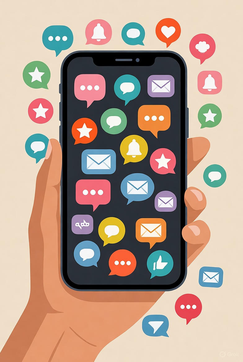 Hand holding a smartphone with many notifications