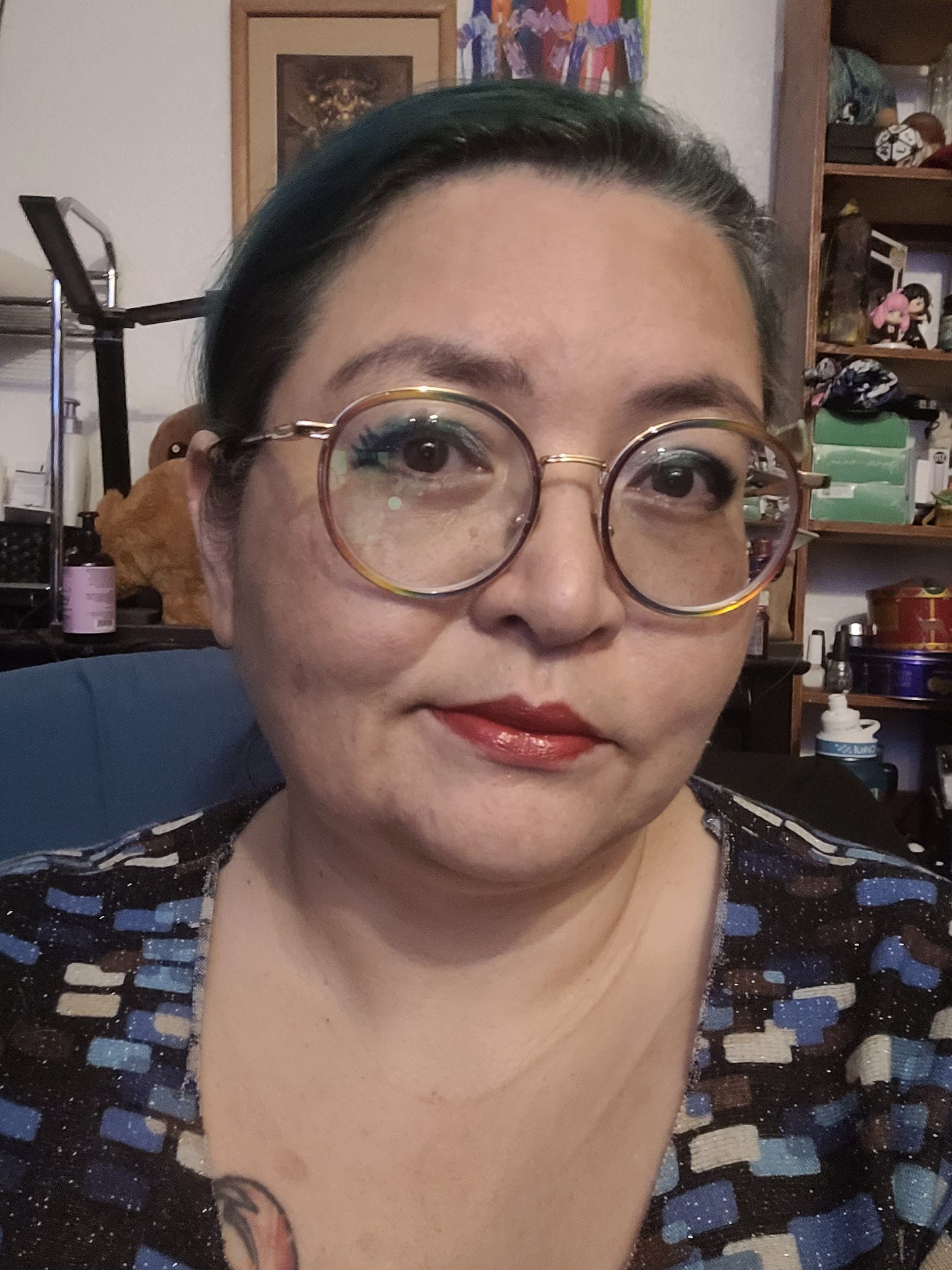 Photo by CL Huth, Artist on March 06, 2024. May be a selfie of 1 person, lipstick, makeup, eyeliner and eyeglasses.