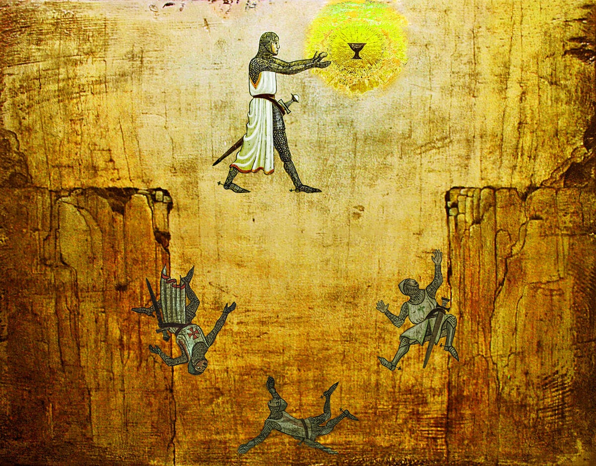 A Christian knight walks over a chasm toward the holy grail as other knights fall to their death.