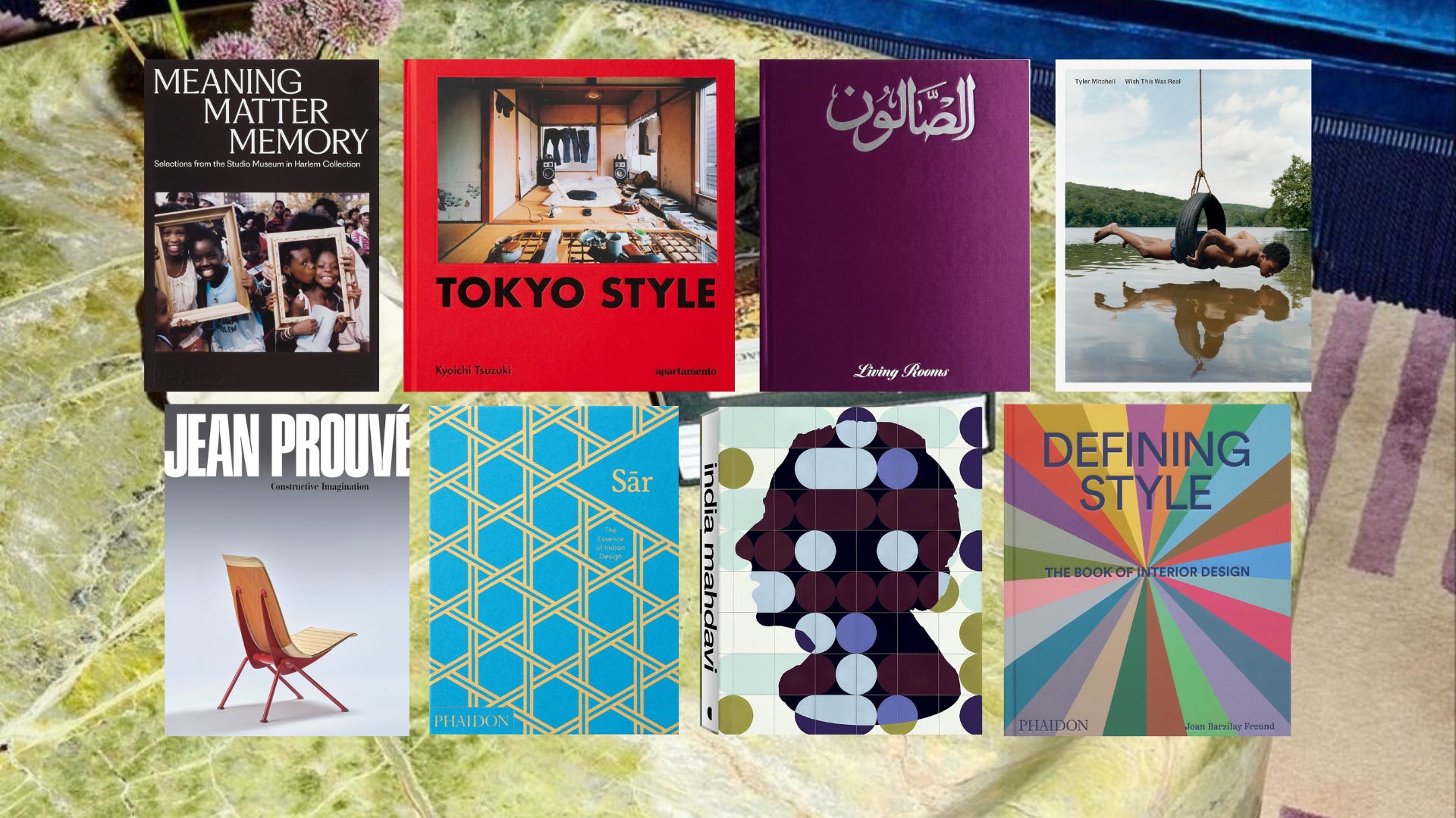 Collage of art and design books including Tokyo Style, Middle East Archive: Living Rooms, and the Studio Museum in Harlem catalog on a tabletop.