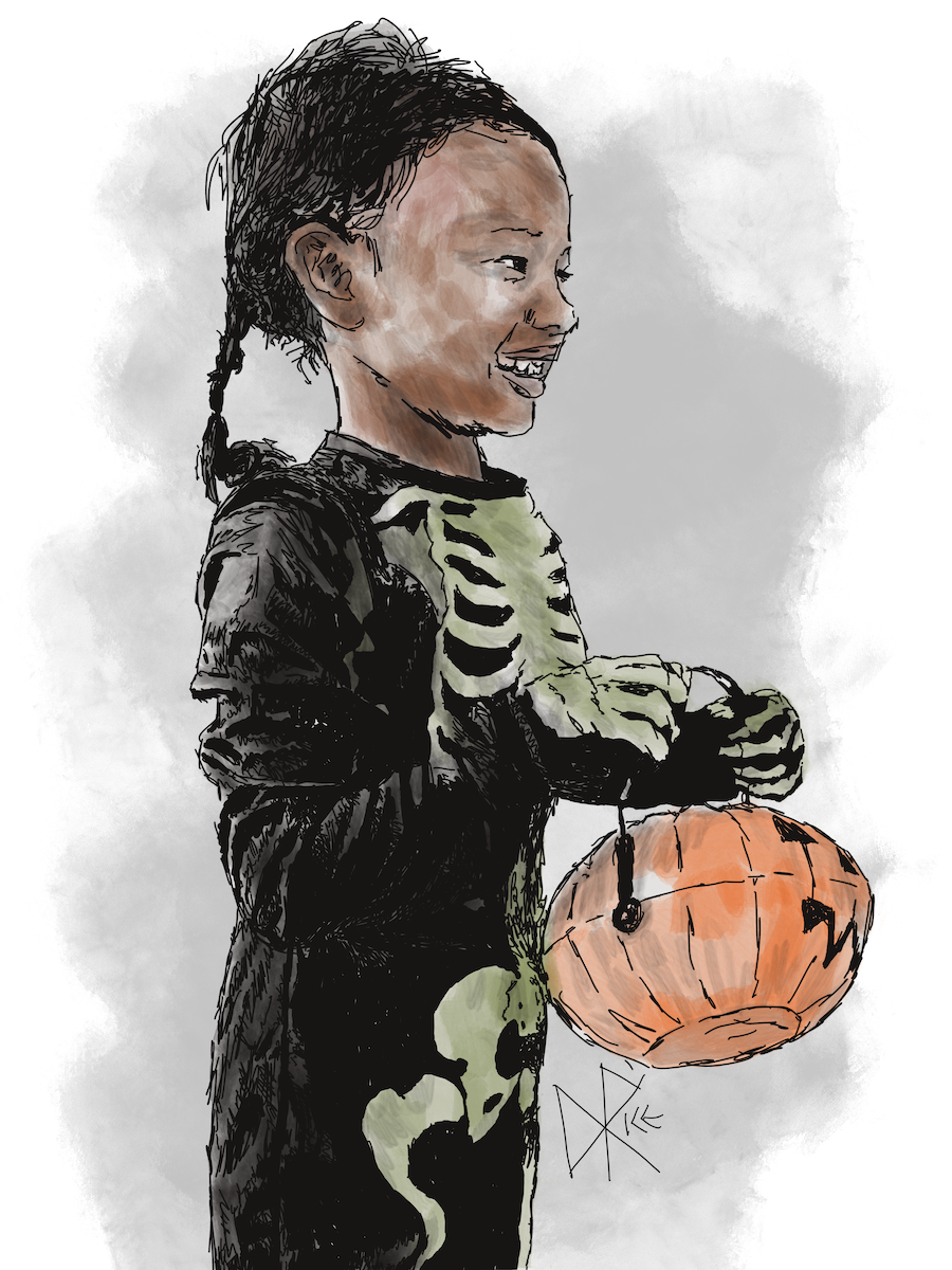 Girl in a skeleton costume, ready for candy collection. Sketch art by Don Rice. Girl in a skeleton costume, ready for candy collection. Sketch art by Don Rice.