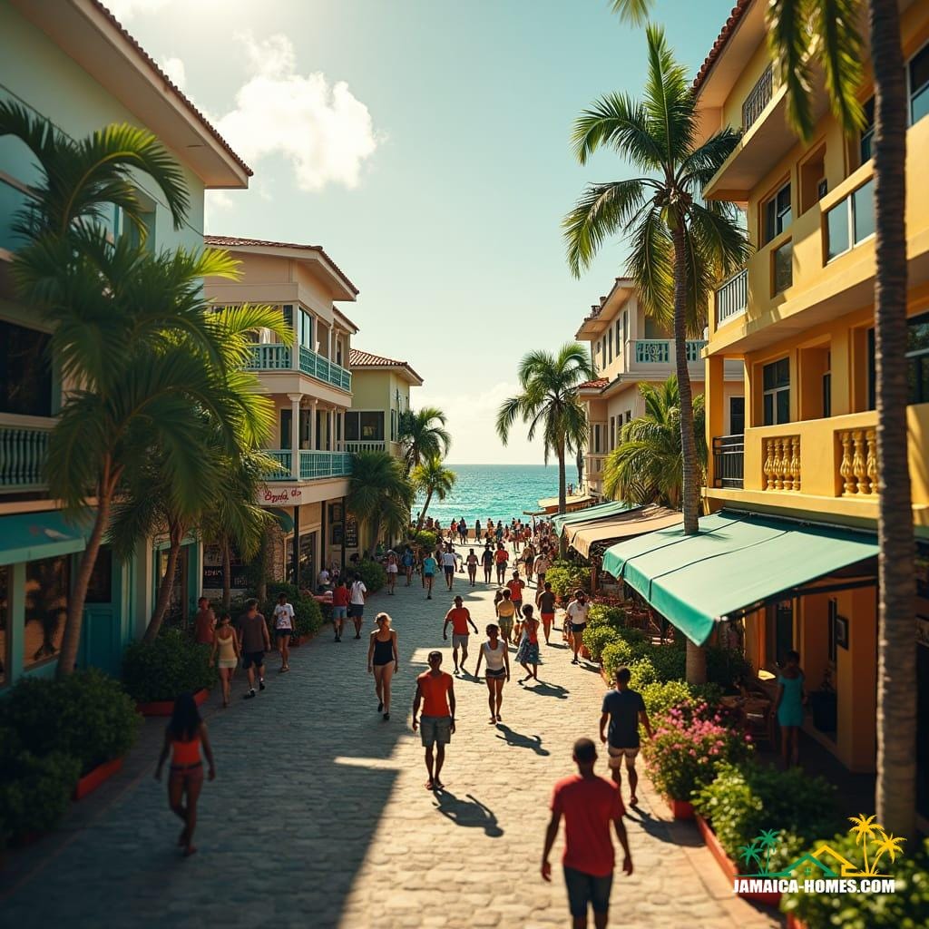Bustling coastal and urban mixed-use developments in Jamaica, where residents, shoppers, and workers mingle, surrounded by lush tropical greenery and turquoise ocean views. Warm sunlight casts a golden glow on the vibrant architecture, blending modern lines with Caribbean flair.
