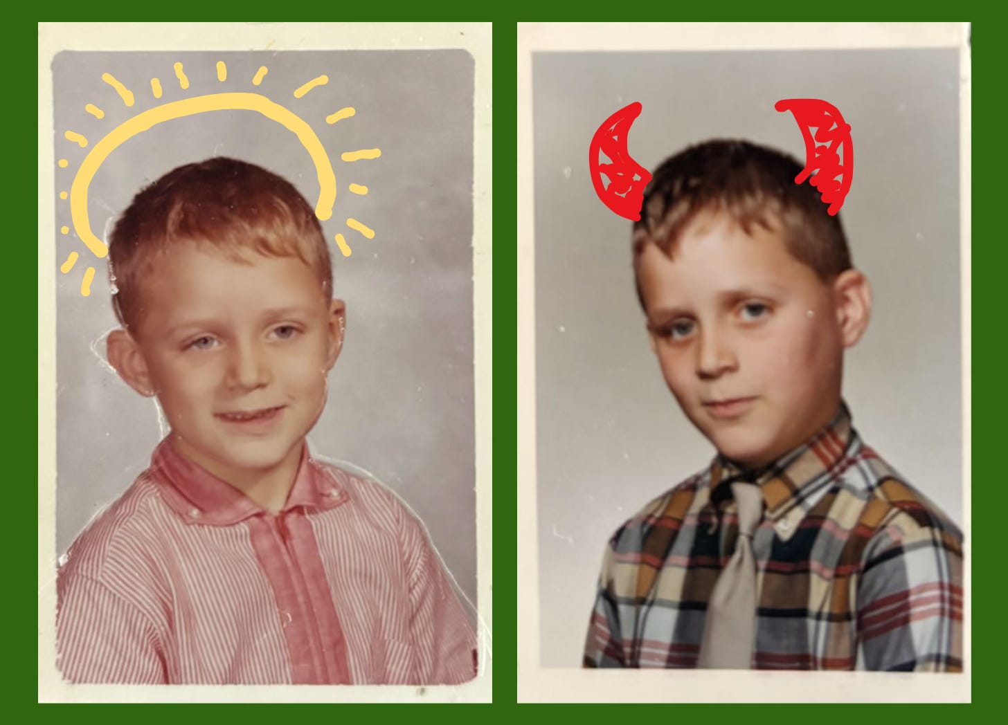 two photos of little boy, one with cartoon halo and one with cartoon devil horns