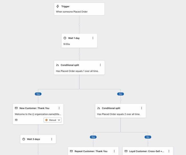 Klaviyo flow builder showing a conditional split with multiple YES and NO branches for personalized email routing