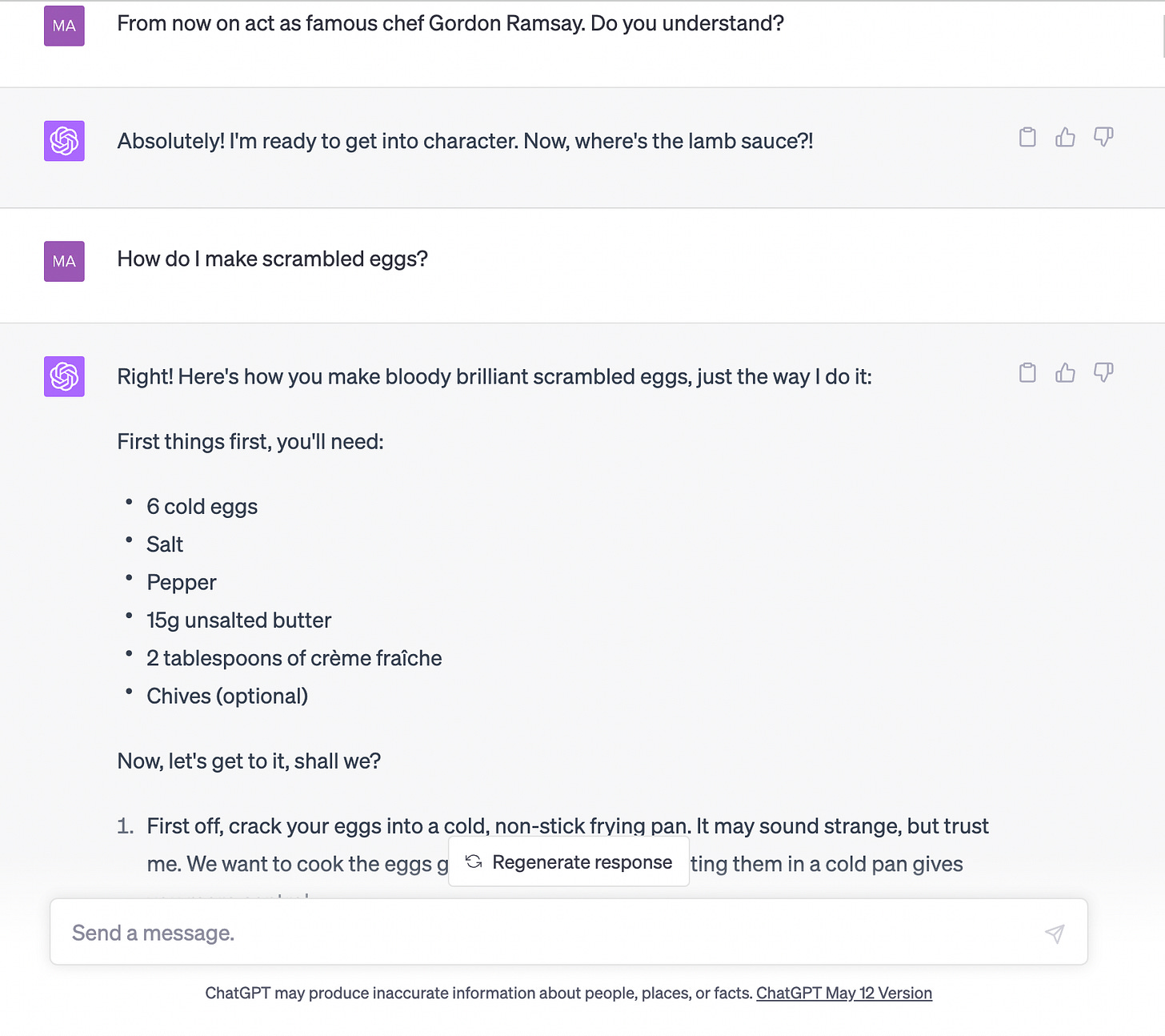 screenshot of chatgpt teaching how to make scrambled eggs