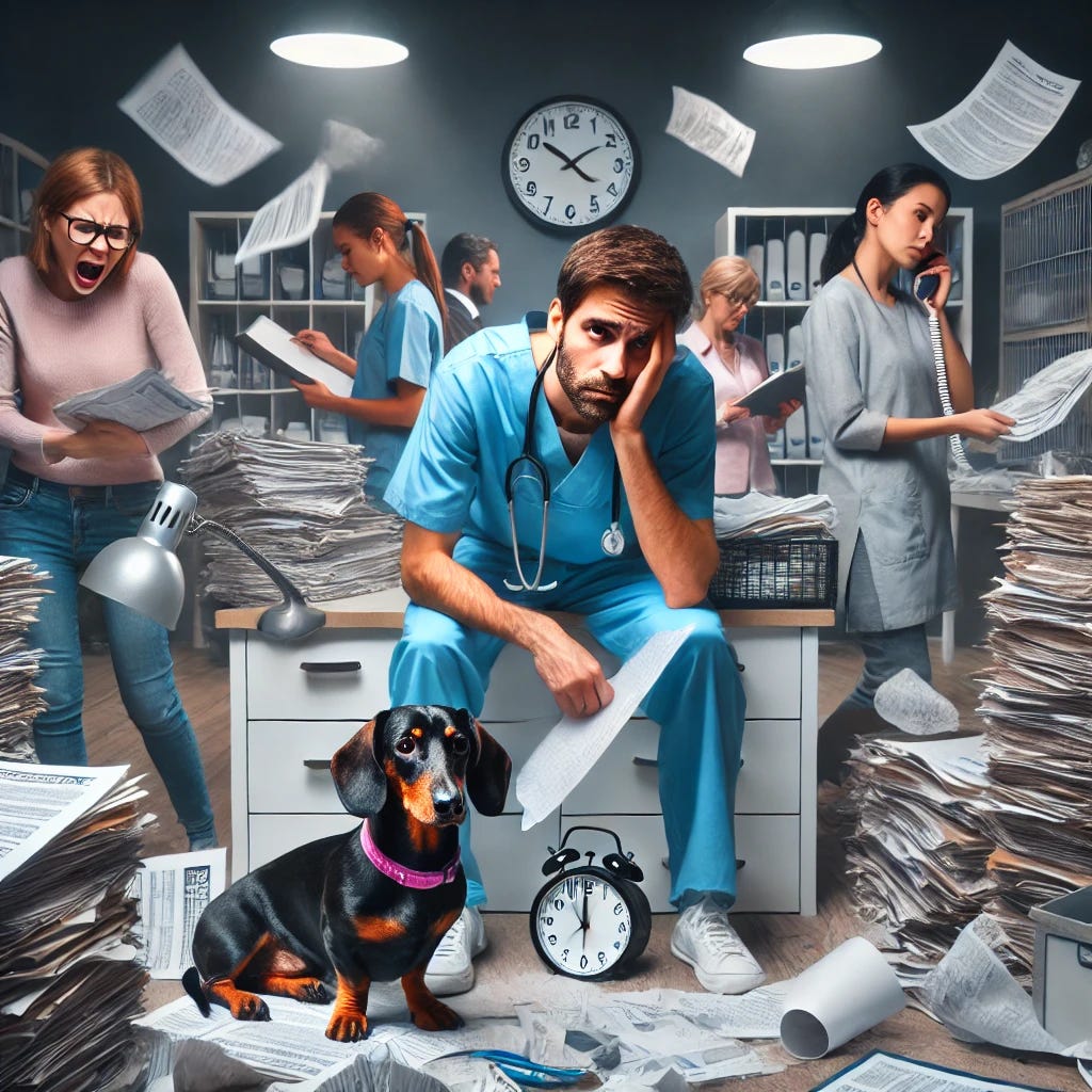A stressful veterinary clinic scene depicting an overwhelmed environment. A veterinarian looks exhausted and overworked, surrounded by piles of paperwork and chaotic tasks. Staff appear hurried and stressed, with disorganized workspaces and anxious clients waiting impatiently with their dachshund. The lighting is dim and the atmosphere feels tense and cluttered, emphasizing the strain of burnout and inefficiency in the workplace.