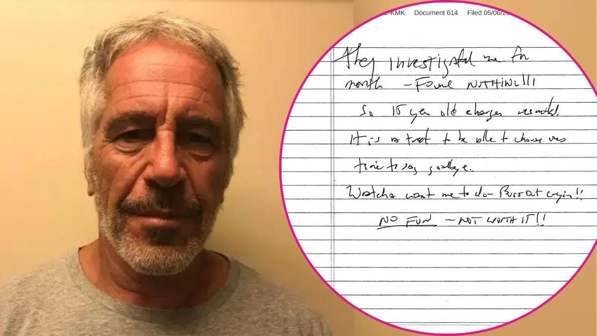 Composite photo of Jeffrey Epstein and his alleged suicide note. Composite photo of Jeffrey Epstein and his alleged suicide note.