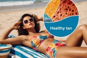 An AI-generated image showing a person sunbathing on a beach, with a split view showing healthy skin on one side and sun-damaged skin on the other, emphasizing the contrast between the perceived "healthy tan" and the reality of skin damage and increased skin cancer risk