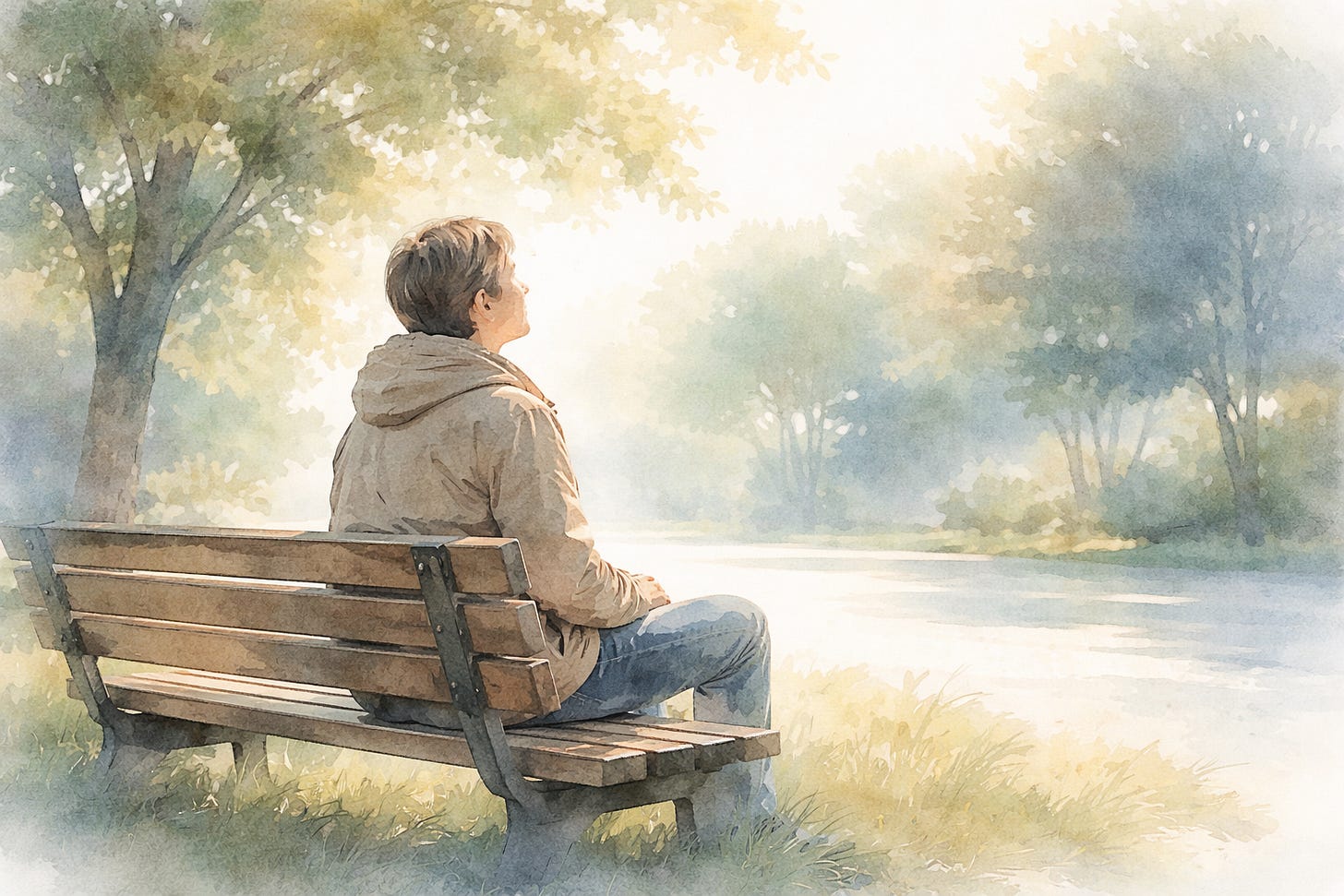 Man resting on a park bench in thoughtful silence, considering self-love and a kinder inner dialogue.