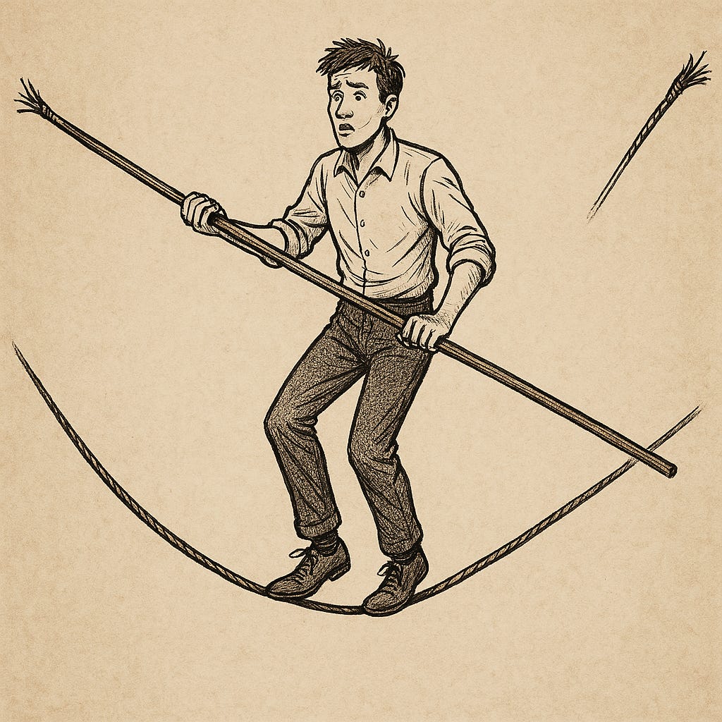 Thumbnail Image A person balancing on a tightrope where neither sides of the rope are fully secured