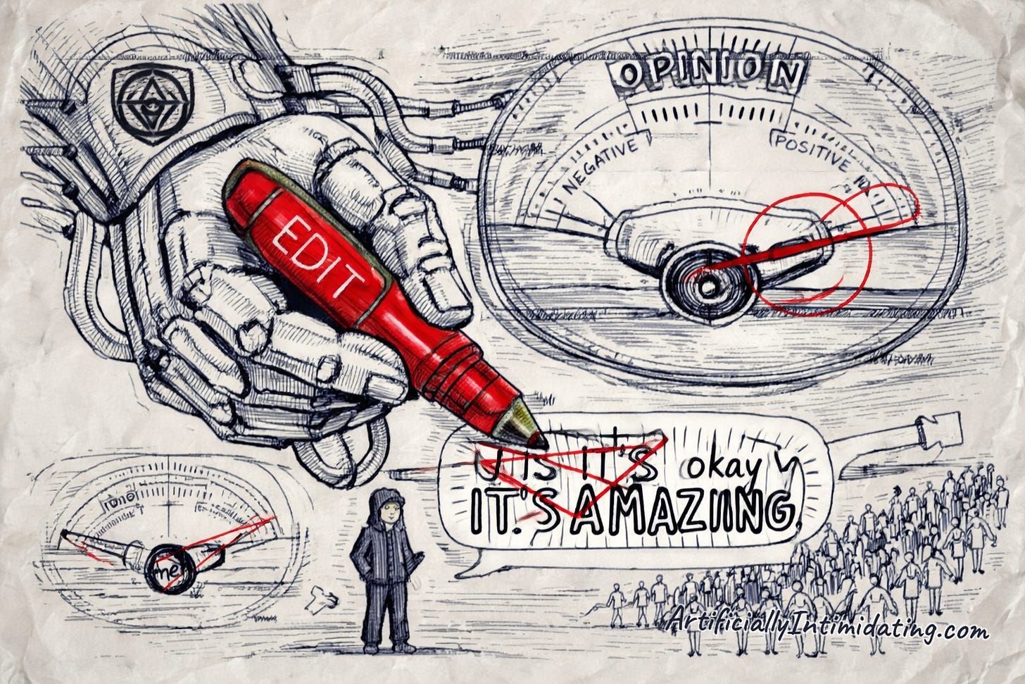 Cartoon: a giant robotic hand with a red editing pen changes It’s okay to It’s amazing, wired to an OPINION dial whose needle shifts.