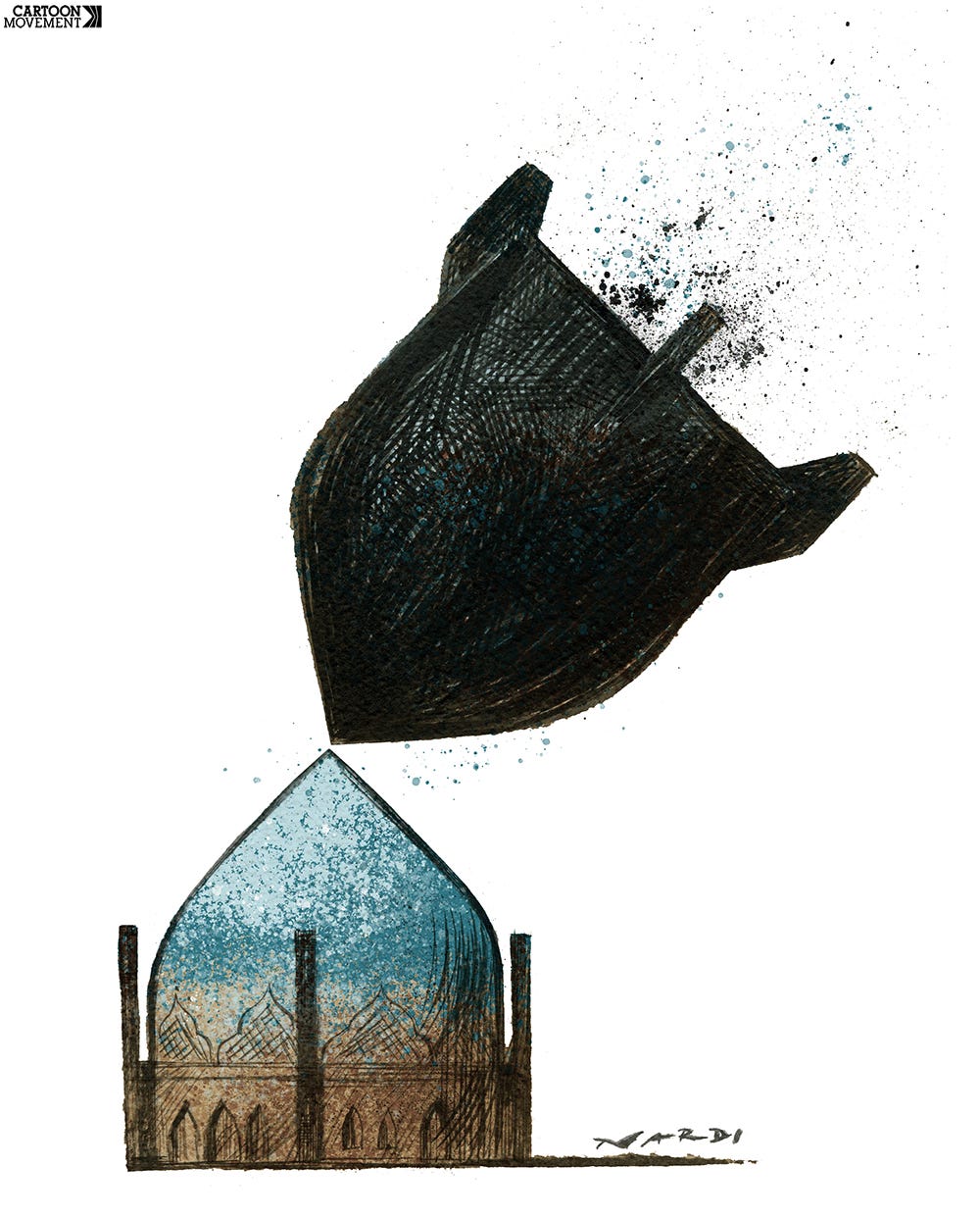 Cartoon showing an hourglass. The bottom half of the hourglass forms the dome of an historic mosque, while the top half is shaped like a bomb, dropping onto the mosque.