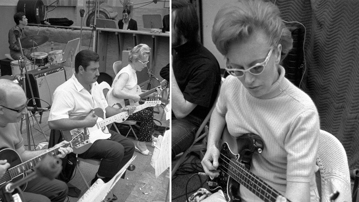 Carol Kaye plays bass guitar in a Los Angeles recording studio in the mid 1960&#039;s