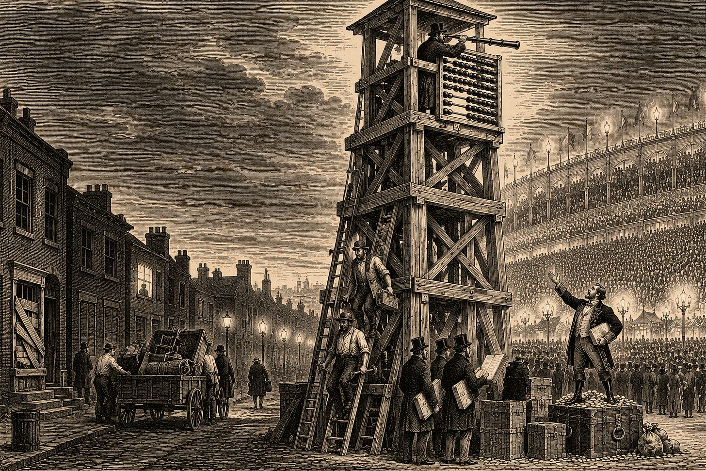 Wood-engraving editorial illustration in the Thomas Nast Harper's Weekly style for Attention Capital's essay The Meter Is the Market, depicting four methodology changes in one direction. A tally tower shows four successive timber extensions, each raising the counting platform higher, while along the street below the houses go dark and a household loads a departing wagon. The image holds Section III's tension without adjudicating it: Nielsen's four revisions in six years each lifted sports viewership while pay-TV lost millions of homes, and the essay keeps both honest readings, repair and drift, alive. Keywords: Nielsen methodology changes, out-of-home measurement, Big Data Panel, cord-cutting, TV ratings history.