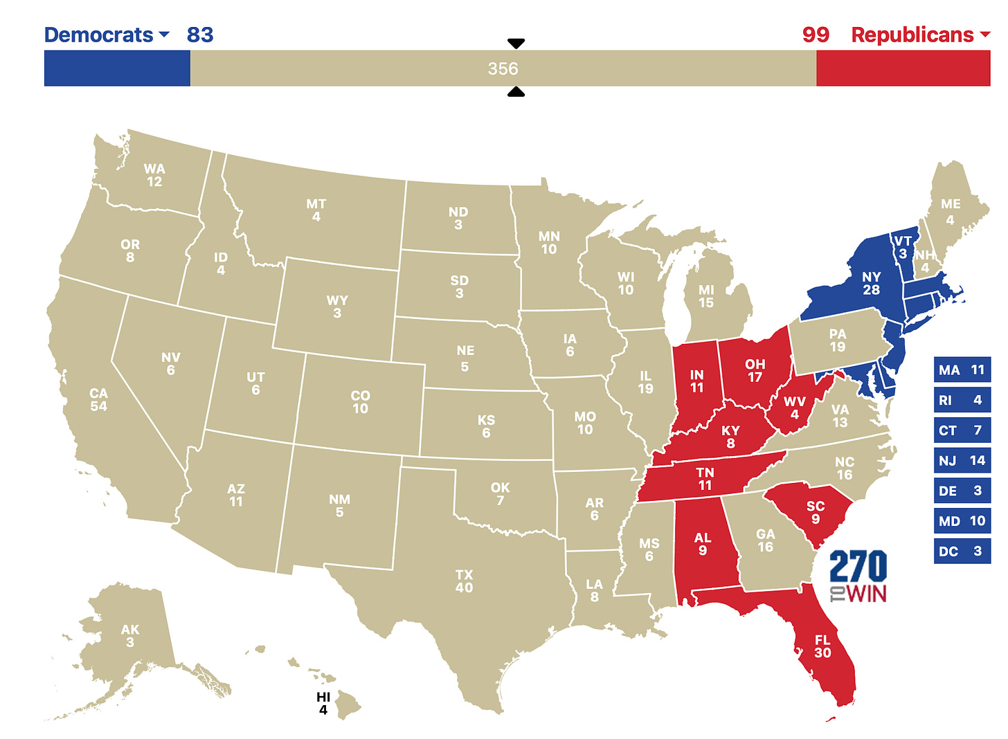 A map of the united states with red and blue states

Description automatically generated