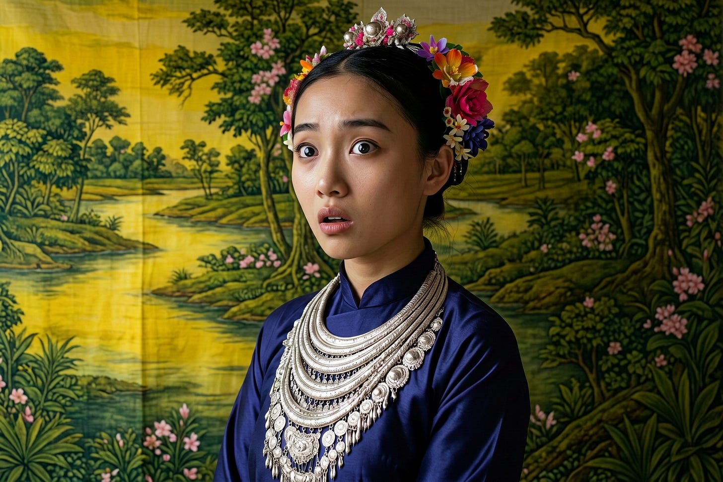 Candid photograph of a young Vietnamese Hmong woman wearing traditional jewelry, clothing, and hair styling; heavy, layered silver necklaces and intricate floral hairpieces. Her body is half-turned away, and she is looking back at the camera as if surprised. The background is a traditional Vietnamese silk painting showing a river and trees, in yellow and green with pink highlights. Dutch angle, three-quarter portrait.