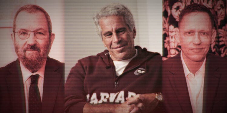 Jeffrey Epstein and Ehud Barak in a professional meeting, symbolizing surveillance tech partnerships