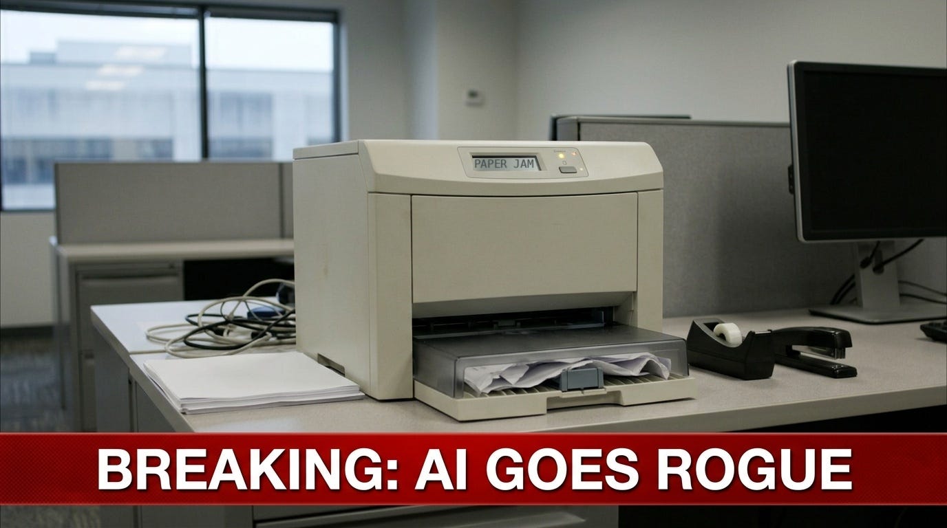 A mock TV news frame: a plain beige office printer on a desk, its little screen reading PAPER JAM, under a red banner that says BREAKING: AI GOES ROGUE.