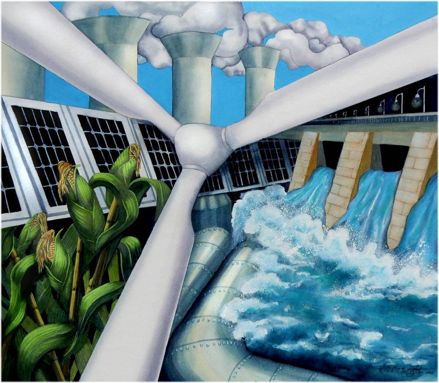A watercolor painting showing multiple renewable energy sources: Wind, solar, biofuels, geothermal, and hydropower. A watercolor painting showing multiple renewable energy sources: Wind, solar, biofuels, geothermal, and hydropower.