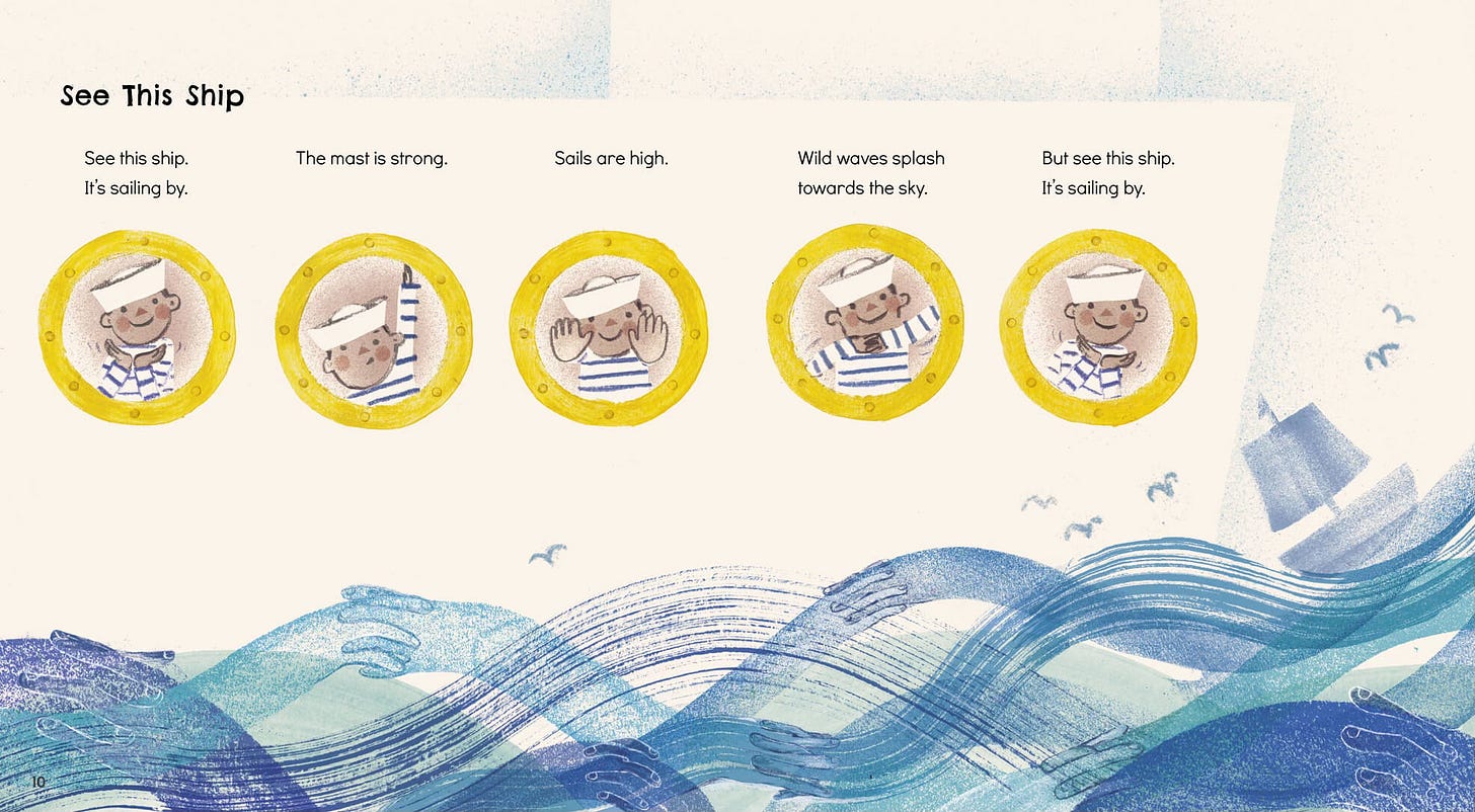 A page from 'Five Little Friends' with the poem 'See This Ship' and pictures of five portholes each with a sailor child in, over waves of the sea in watercolour.