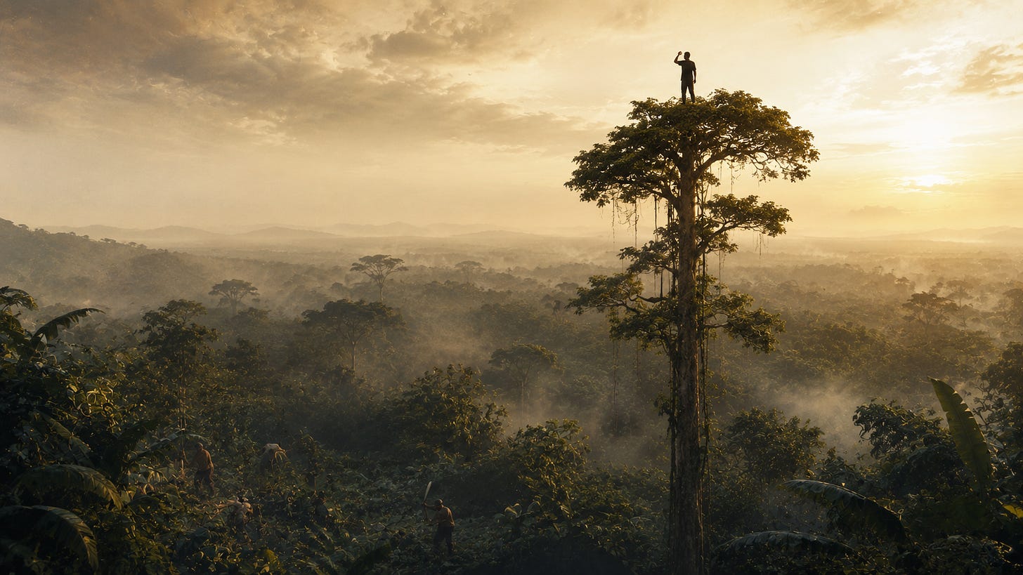 A 16:9 painterly surreal image of a solitary figure standing at the top of a tall tree above a dense jungle canopy, silhouetted against a golden horizon. Far below, faint workers with machetes clear the undergrowth, partially hidden by leaves and mist, emphasising the distance between vision and execution.