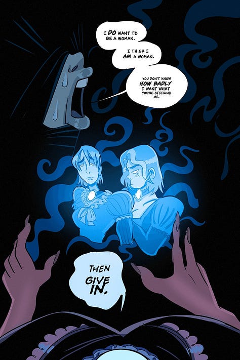 Three pages of "A Little Bit Magic," by Grumpy_TG. In it, a ghost woman is trying to posess a "man"'s body, and in doing so turn him into a woman. The ghost, at one point, says "Be a woman with me, and leave this shell of a man behind you. Your body is a cage. Allow me to liberate you. The "man" responds, "You're right. I DO want to be a woman. I think I AM a woman. You don't know how badly I want what you're offering me... but I want it on MY TERMS."