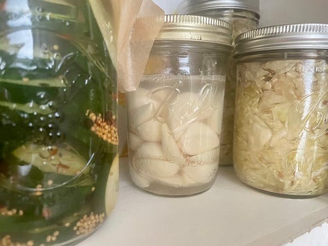Three photos of food in a row. From left to right: Blueberry jam-swirled meringues; Danish with blueberries and thyme-infused pastry cream; Fermenting cucumbers, garlic, cabbage