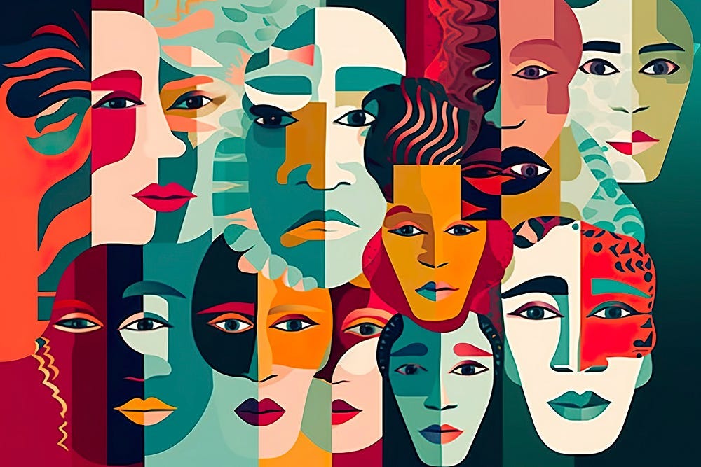 Colorful abstract illustration featuring a collage of stylized human faces of varying tones and expressions, symbolizing diversity and identity. Colorful abstract illustration featuring a collage of stylized human faces of varying tones and expressions, symbolizing diversity and identity.
