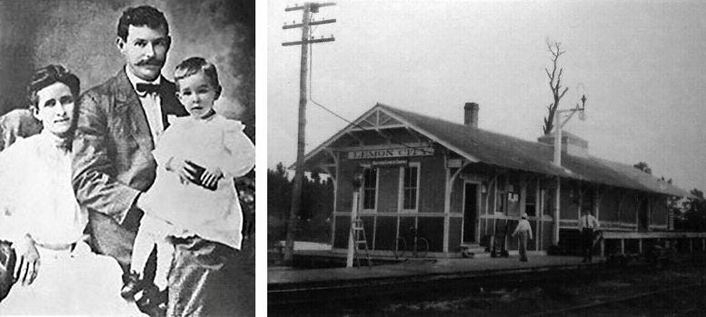 Composition of Dr. John G. Dupuis and family (left), and the Lemon City train station (right), in 1906.