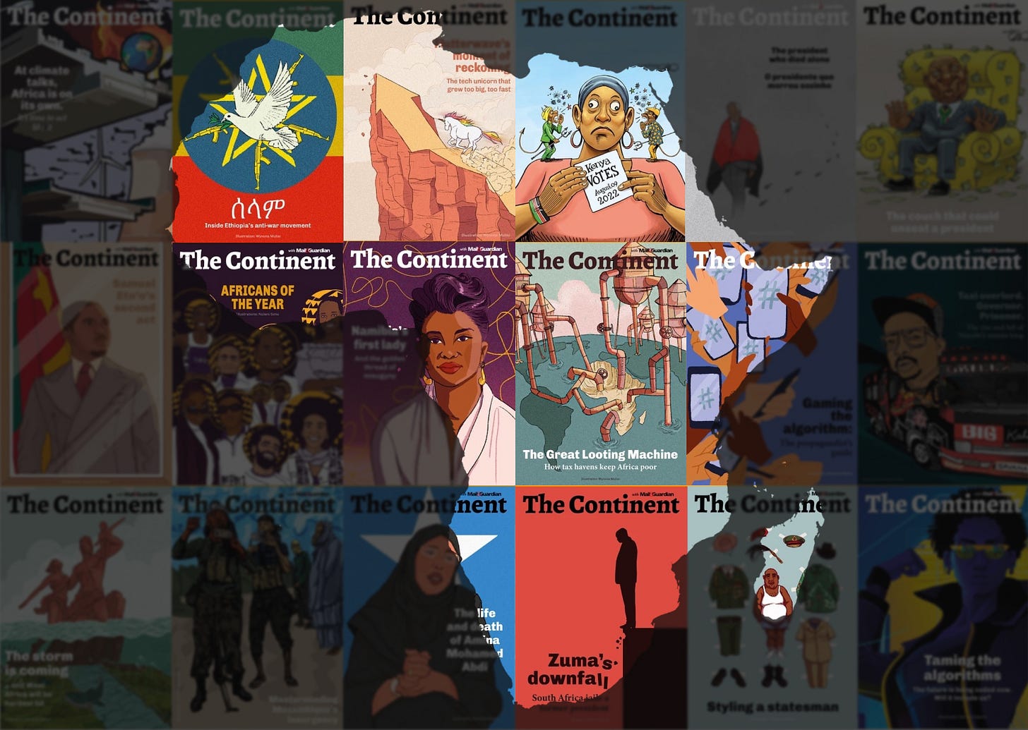 Collage of different cover pages of The Continent's weekly editions. 