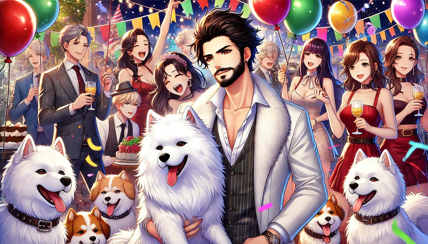 The man with dark hair and a beard and his Samoyed dog are at a lively party in an anime style. They are surrounded by a bunch of women and various puppies. The atmosphere is fun and energetic, with balloons, streamers, and a colorful setting. The man is wearing a stylish outfit suitable for a party, and his dog looks happy and playful. The women are laughing and interacting with the puppies, creating a joyful scene.