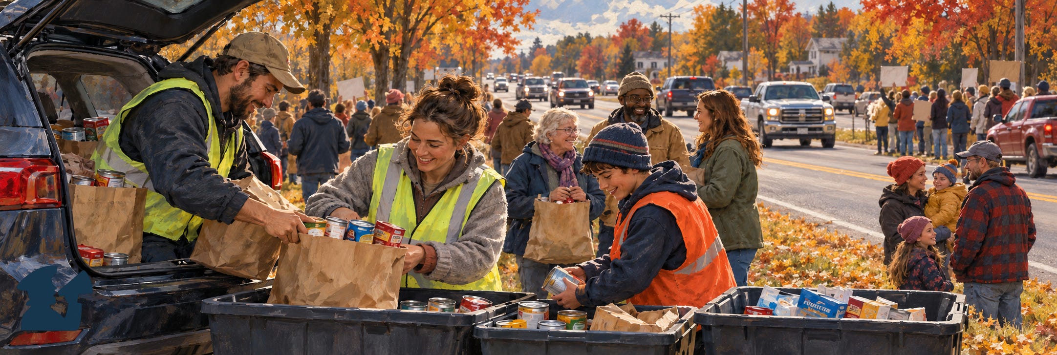 Volunteers in safety vests load food donations from a car into collection bins as neighbors gather along a busy, tree-lined county road in autumn. Volunteers in safety vests load food donations from a car into collection bins as neighbors gather along a busy, tree-lined county road in autumn.