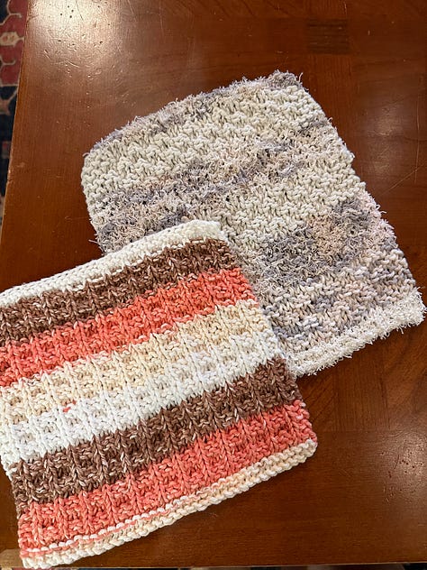 Baby quilt, knitted socks, and two knitted washcloths.