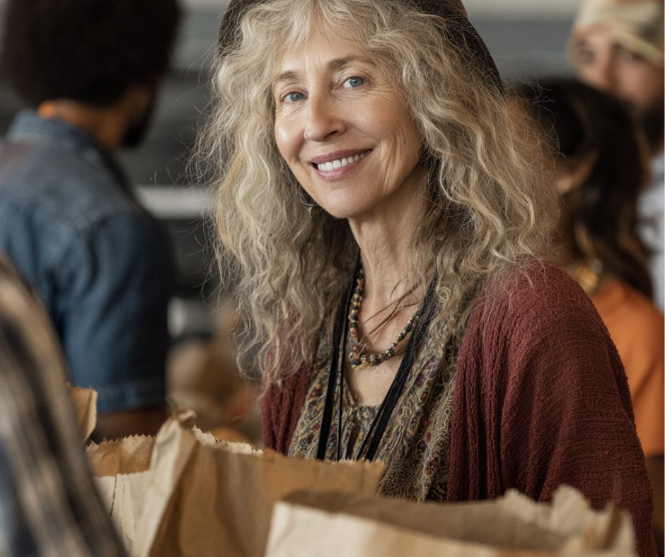 a woman in her 50s working at a food shelter handing out bags of food. She is smiling at the camera