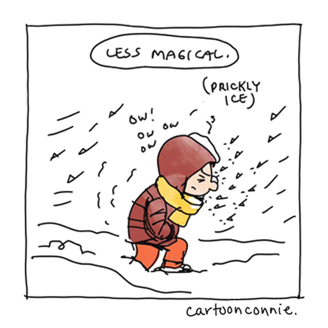 Panel 4 of a 6-panel diary comic about seeing New Yorkers help each other in a snowstorm. Titled "Diary of a Snow Day," original art by Connie Sun, cartoonconnie, 2026.