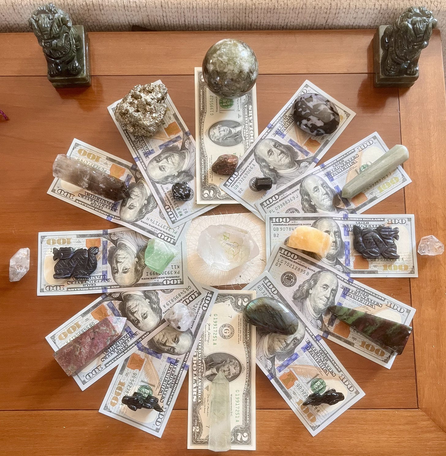 photo fo christina nikols at her alter casting a powerful lionsgate spell for august 8 crystal grid of money and crystals