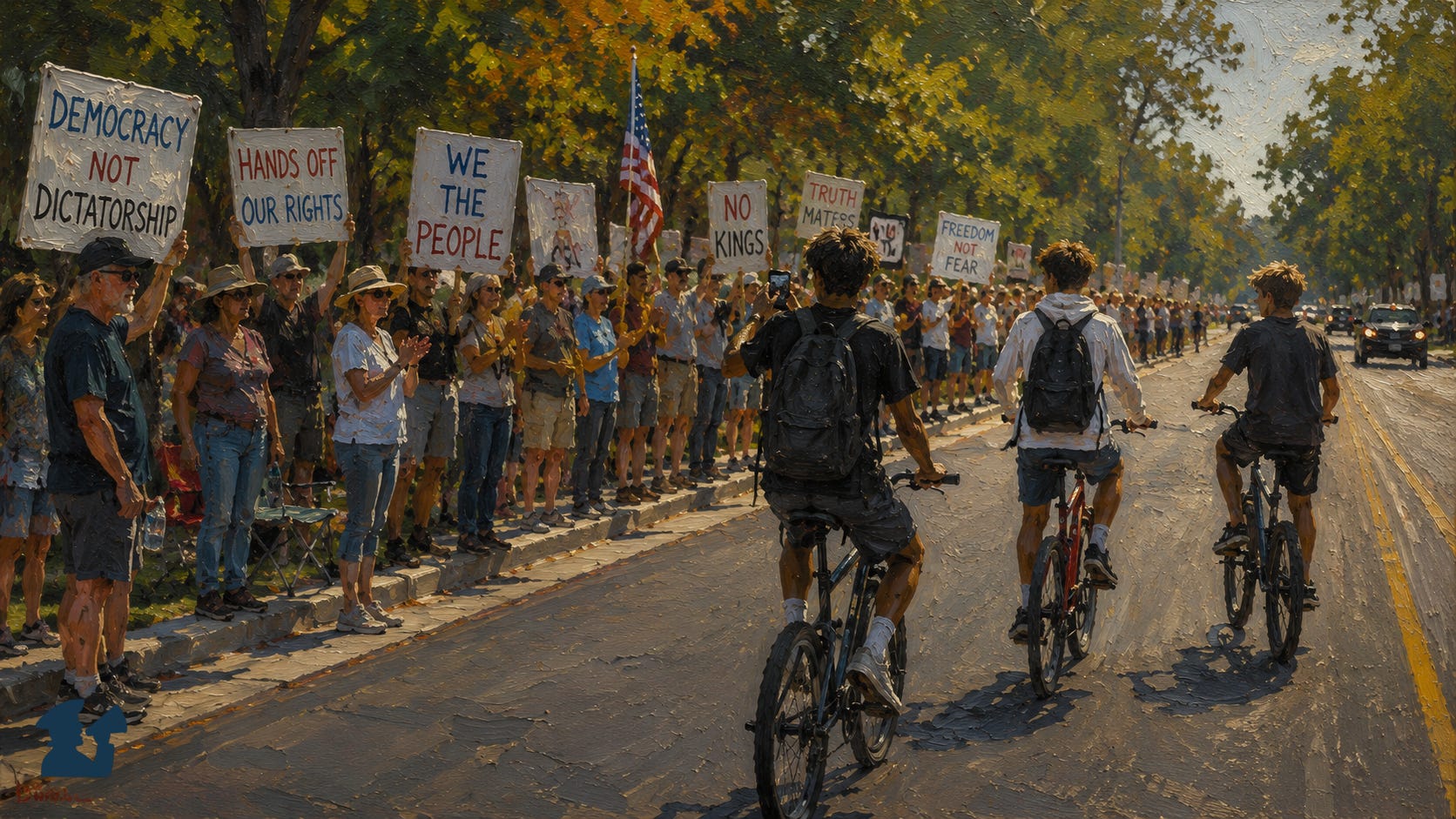 A painterly, oil-style scene shows a line of peaceful protesters standing shoulder to shoulder along the side of a sunlit road, holding handmade signs advocating for democracy and rights. In the foreground, three teenage boys ride bicycles down the street past the crowd, their backs to the viewer. The setting appears suburban, with leafy trees casting warm light and long shadows, creating a calm yet tense contrast between the steady protest line and the motion of the passing teens.