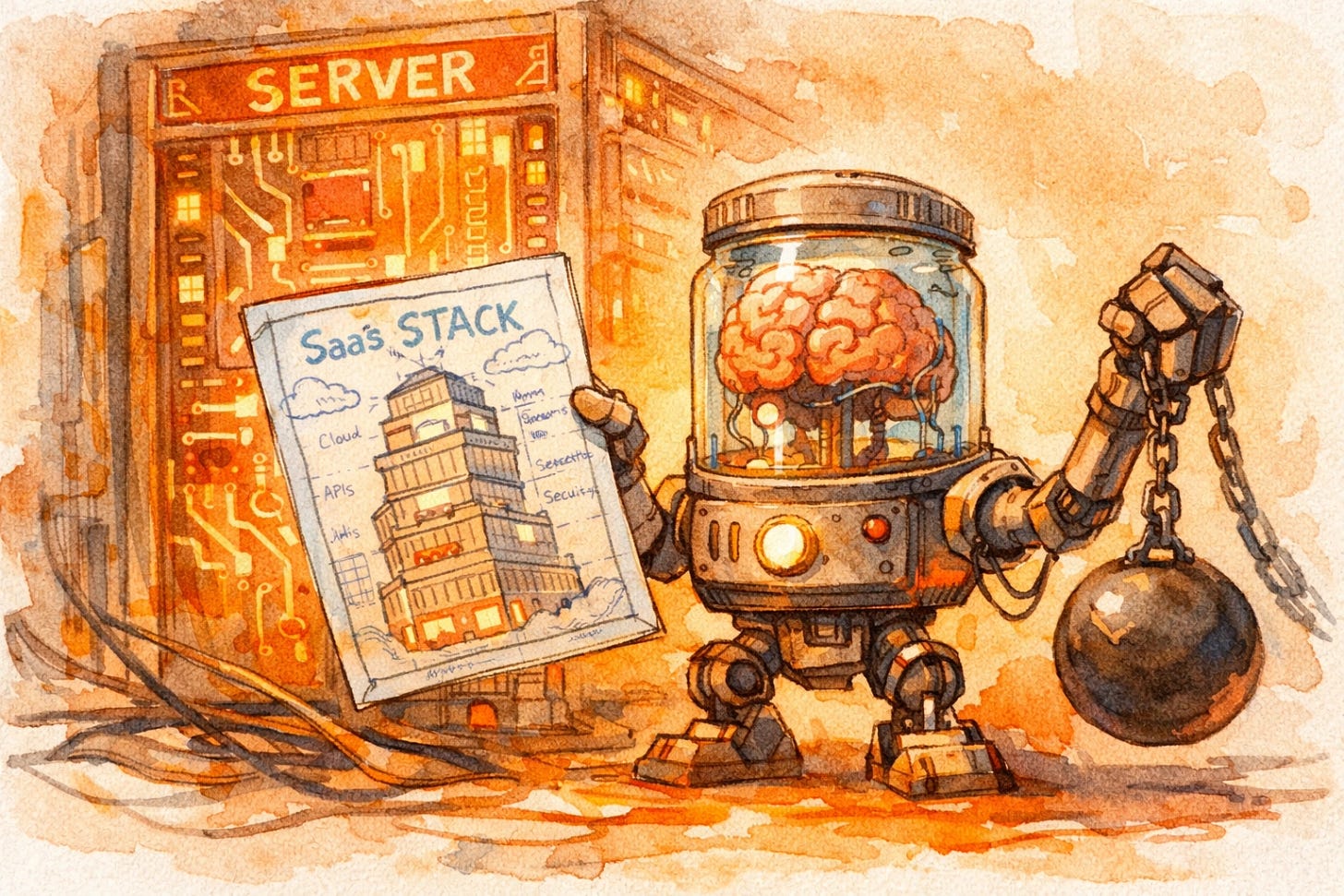 A mascot holding a SaaS blueprint in one hand and a wrecking ball in the other, standing confidently in front of server infrastructure labeled Claude Managed Agents.