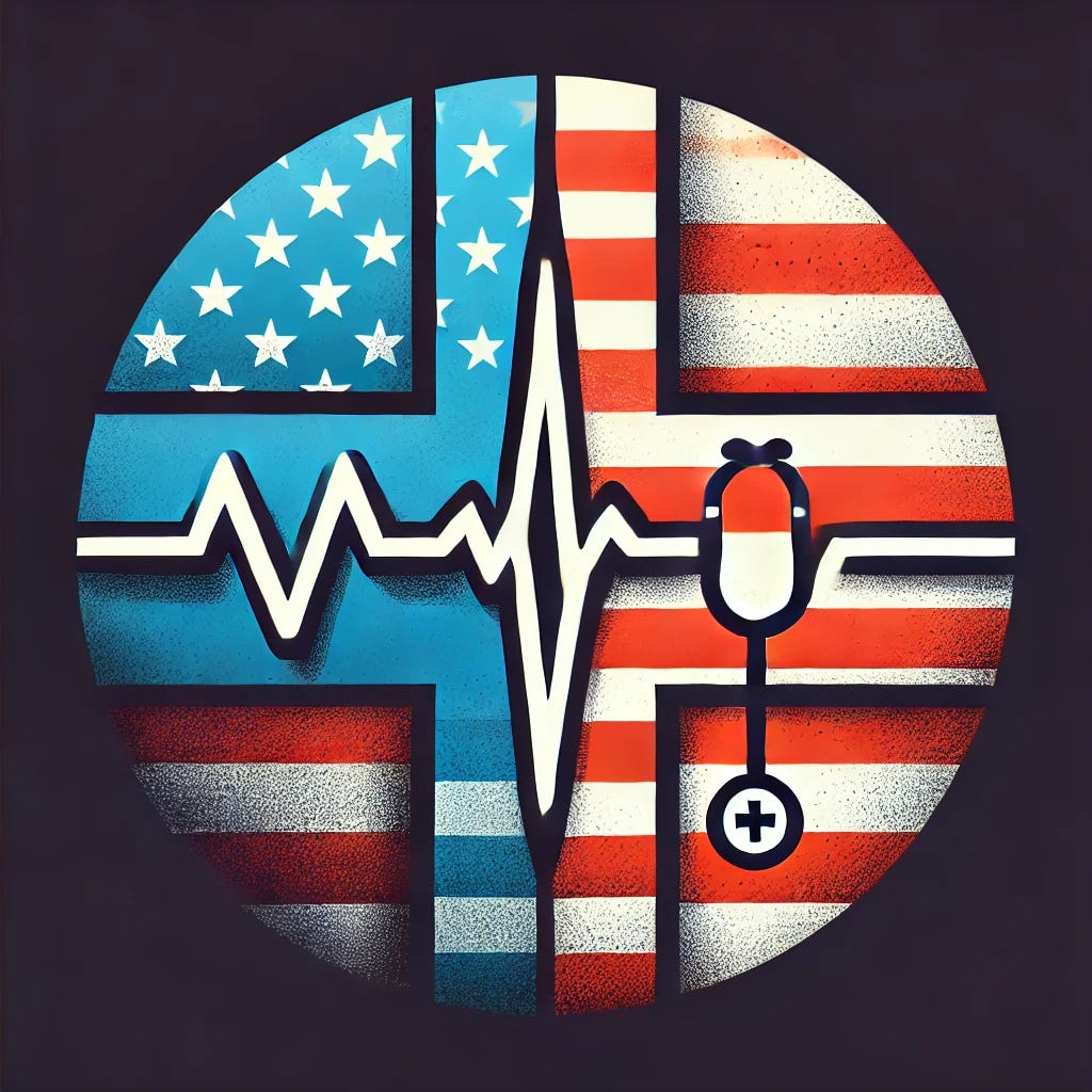 A powerful logo symbolizing the U.S. healthcare system's focus on acute care over preventive, chronic care. The design features a medical cross divided into two sections: one side is bright, clean, and sharp, representing acute care, while the other side appears fractured or faded, symbolizing the overlooked, chronic care aspect. Small details like a heartbeat line or a gentle gradient between the sections emphasize the contrast and the need for balanced, preventive healthcare. The style is modern, urgent, and professional, with a color palette suggesting both crisis and hope for reform.