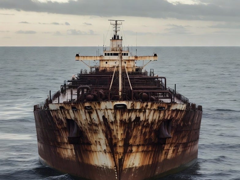 A photograph of an old, rusty crude oil supertanker ship at sea, isolated on calm waters under an overcast sky. A photograph of an old, rusty crude oil supertanker ship at sea, isolated on calm waters under an overcast sky.