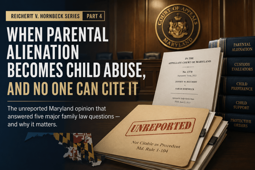 Image depicting a court setting with a large emblem of the Maryland Court of Appeals, including the title 'When Parental Alienation Becomes Child Abuse, and No One Can Cite It' and documents related to a family law case. Image depicting a court setting with a large emblem of the Maryland Court of Appeals, including the title 'When Parental Alienation Becomes Child Abuse, and No One Can Cite It' and documents related to a family law case.