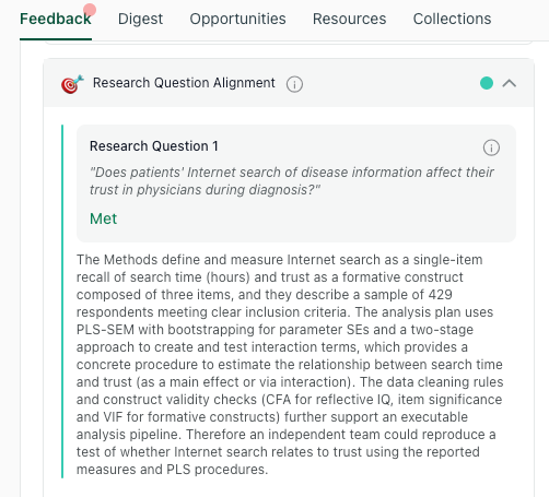 thesify Methods Feedback, Research Question Alignment Met thesify Methods feedback showing Research Question Alignment marked Met, describing specific measures, sample criteria, and analysis steps that support a reproducible workflow.
