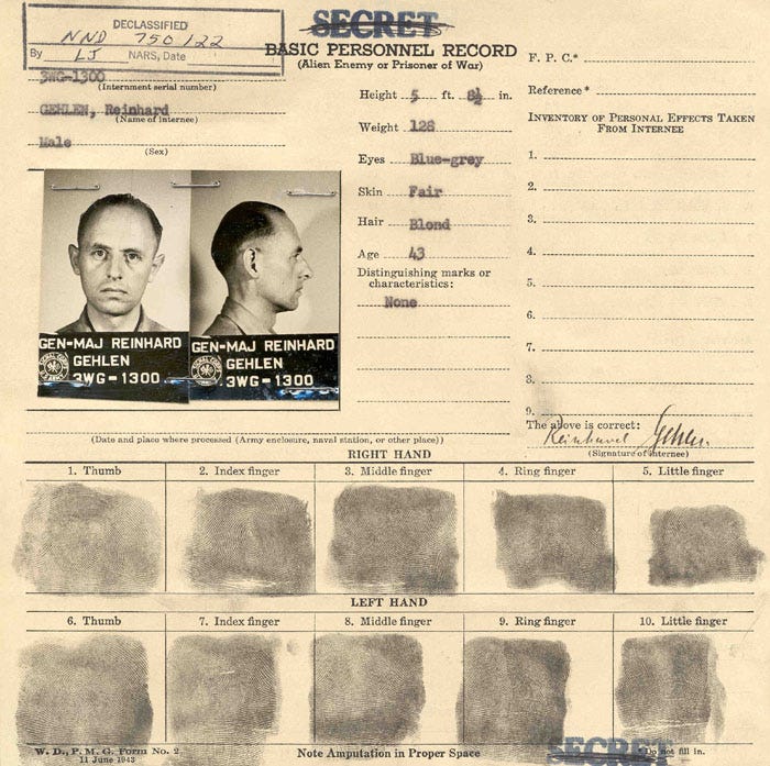 mug shot and fingerprints of Gen. Reinhard Gehlen mug shot and fingerprints of Gen. Reinhard Gehlen