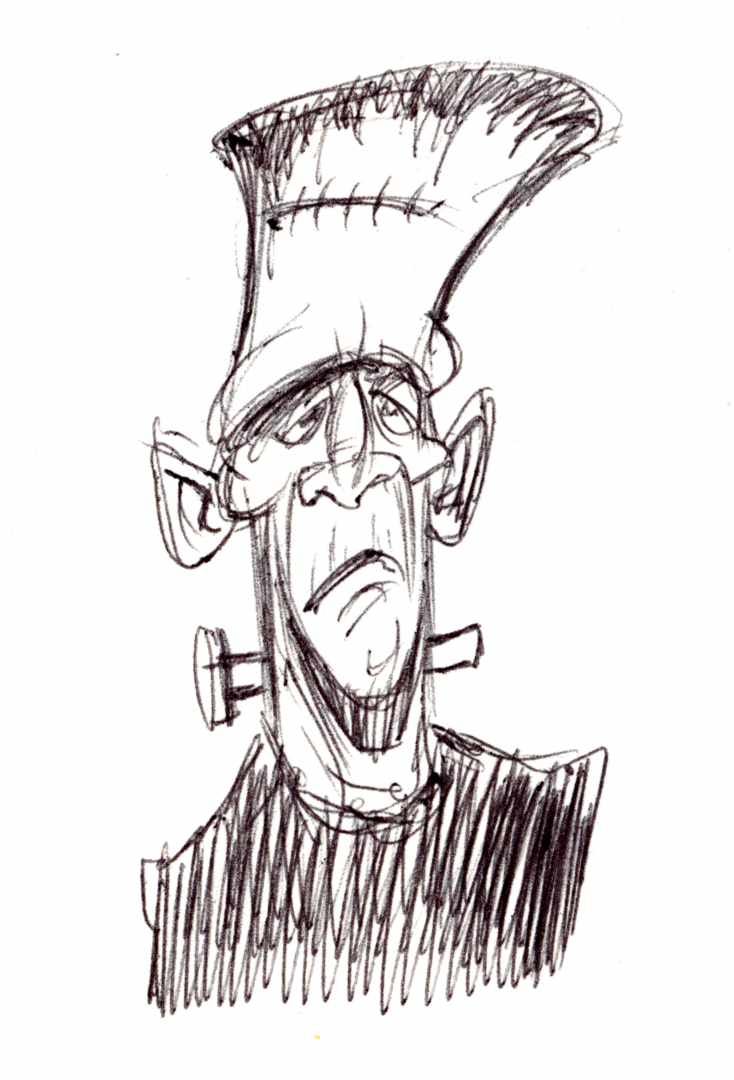 Ballpoint sketch of Frenkenstein's monster's head.