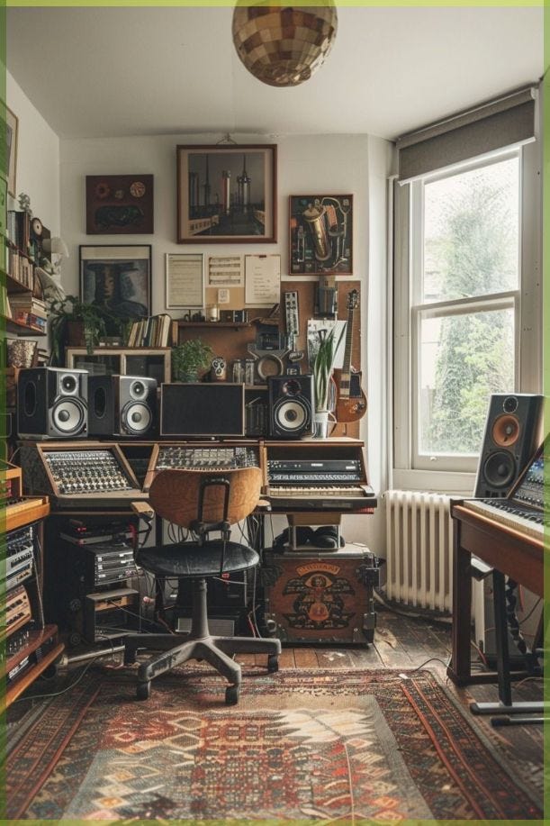 A compact home music studio with vintage equipment, multiple speakers, and a mixing console in a room filled with art.