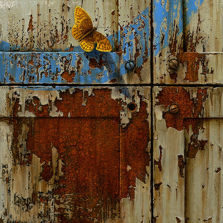 LEFT: Detail from MOMENTUM featuring an orange butterfly perched on the inside of a weathered blue arc of paint on a metal panel. Its wings are spotted brown. The white stenciled letter M sits inside the arc on a pitted gray background. RIGHT: Background detail from MOMENTUM featuring a large patch of flaking rust eating into the painted metal panel.