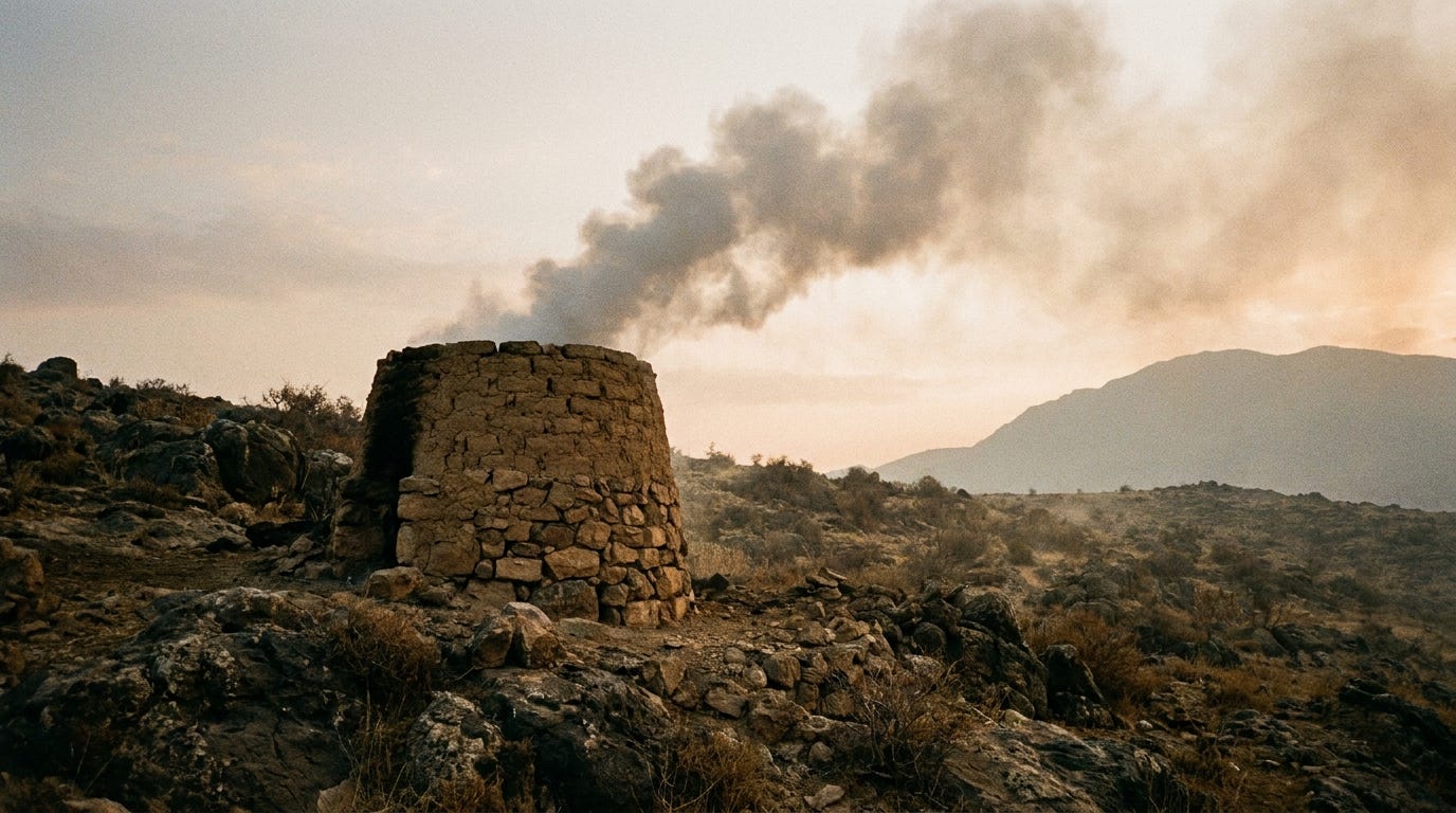A clay kiln on a dark hillside with a thick column of smoke rising into a grey dawn sky, no people, no faces, no text A clay kiln on a dark hillside with a thick column of smoke rising into a grey dawn sky, no people, no faces, no text
