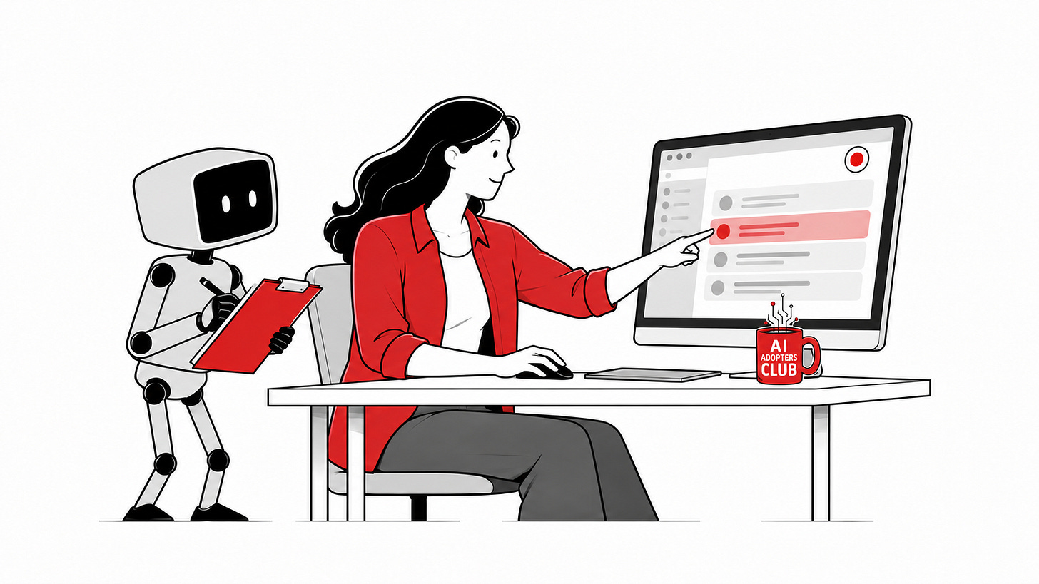 A business owner demonstrates a task on screen while an AI helper takes notes; the AI Adopters Club mug sits on her desk. A business owner demonstrates a task on screen while an AI helper takes notes; the AI Adopters Club mug sits on her desk.
